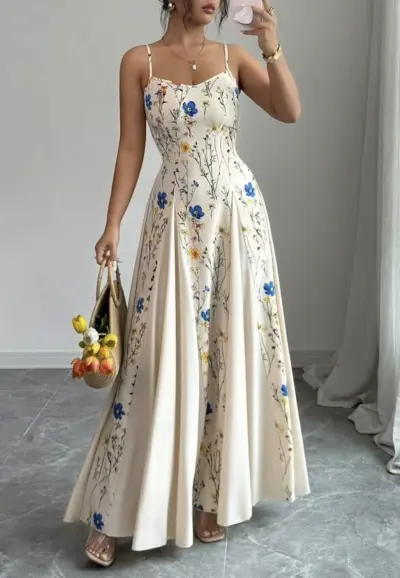Women Fashion Elegant Summer Flower Printed Spaghetti Strap Tight Waist A-Line Dress