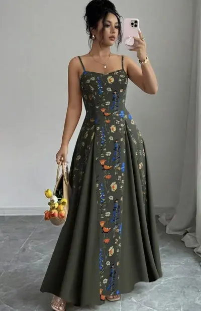 Women Fashion Elegant Summer Flower Printed Spaghetti Strap Tight Waist A-Line Dress