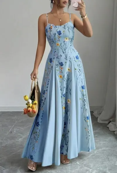 Women Fashion Elegant Summer Flower Printed Spaghetti Strap Tight Waist A-Line Dress