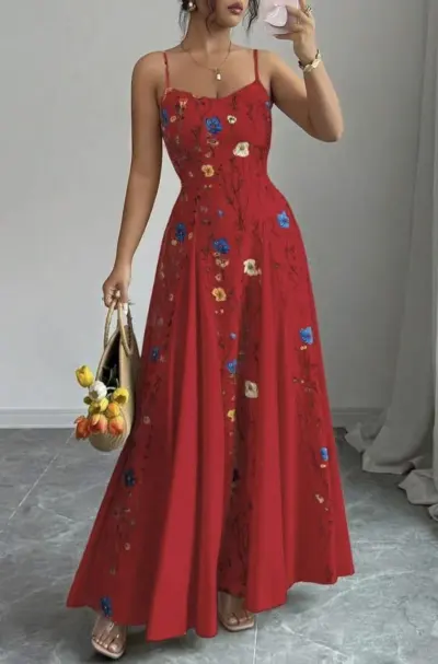 Women Fashion Elegant Summer Flower Printed Spaghetti Strap Tight Waist A-Line Dress