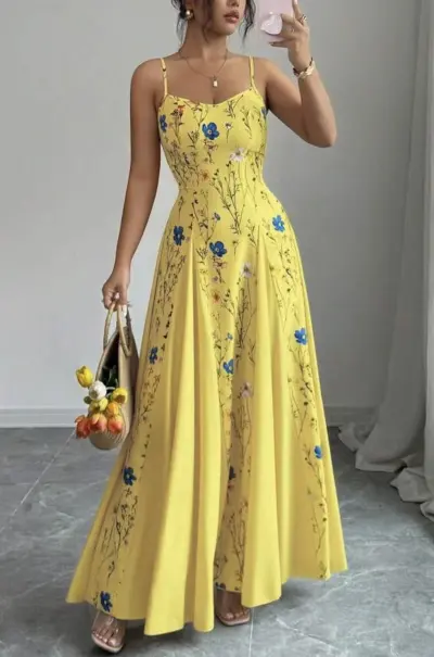 Women Fashion Elegant Summer Flower Printed Spaghetti Strap Tight Waist A-Line Dress