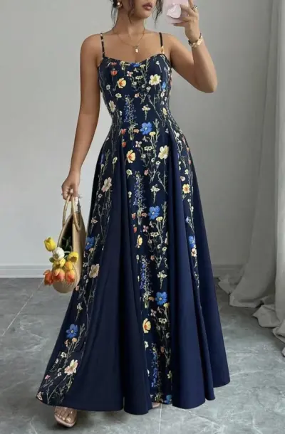 Women Fashion Elegant Summer Flower Printed Spaghetti Strap Tight Waist A-Line Dress