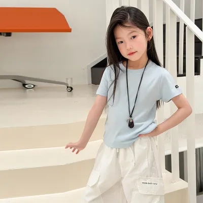 Kids Girls Summer Basic Solid Color Short Sleeve Round Neck T-Shirt