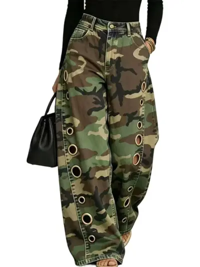 Street Women'S Fashion Casual Metal Eyelet Hollow Loose Stretch Camouflage Jeans