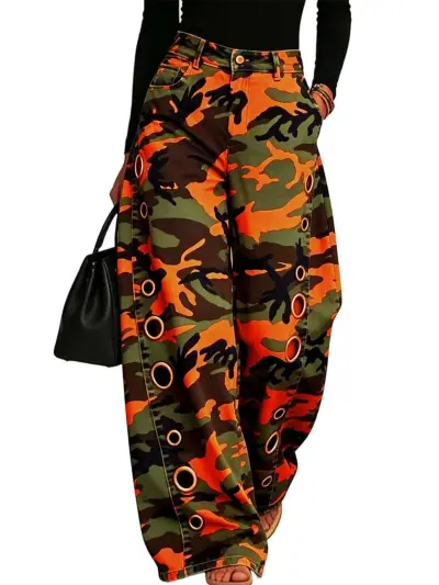 Street Women'S Fashion Casual Metal Eyelet Hollow Loose Stretch Camouflage Jeans