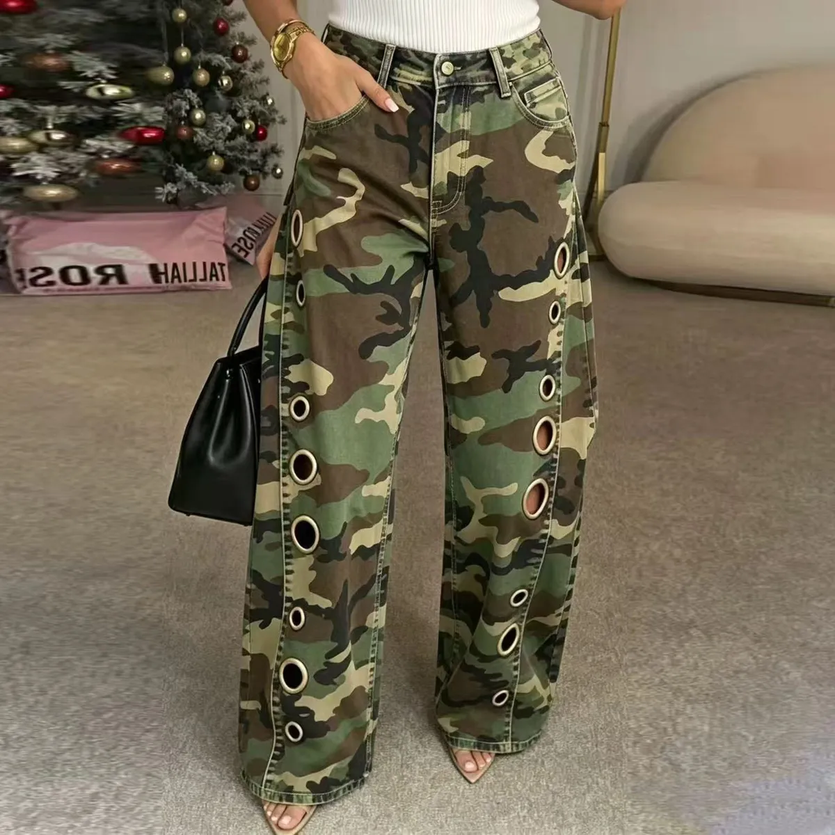 Street Women'S Fashion Casual Metal Eyelet Hollow Loose Stretch Camouflage Jeans