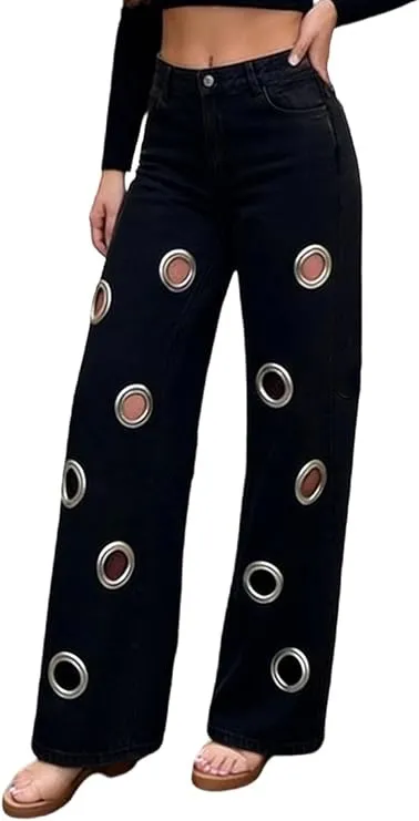 Street Women'S Fashion Metal Eyelet Hollow Straight Jeans