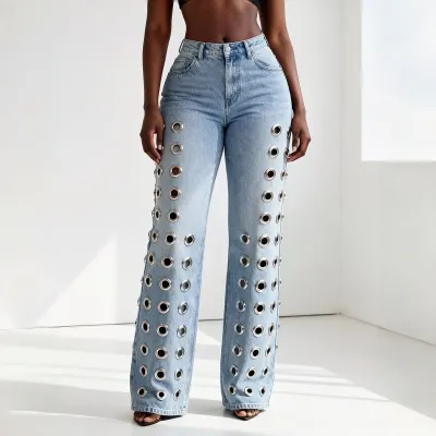 Street Women'S High Waist Metal Eyelet Cut-Out Straight Jeans