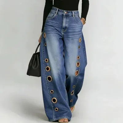 Women Fashion Metal Eyelet Cut-Out Wide-Leg Jeans