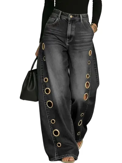 Women Fashion Metal Eyelet Cut-Out Wide-Leg Jeans