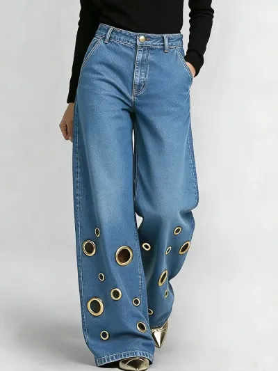 Street Women Fashion High Waist Loose Metal Eyelet Hollow Wide Leg Jeans