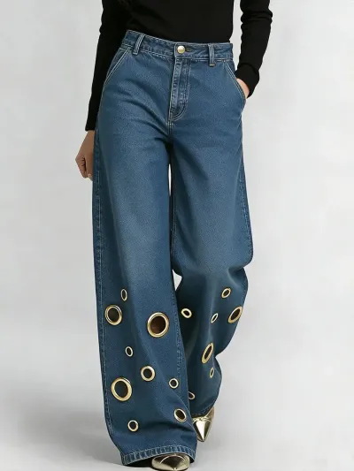 Street Women Fashion High Waist Loose Metal Eyelet Hollow Wide Leg Jeans