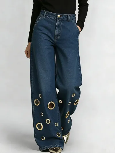 Street Women Fashion High Waist Loose Metal Eyelet Hollow Wide Leg Jeans