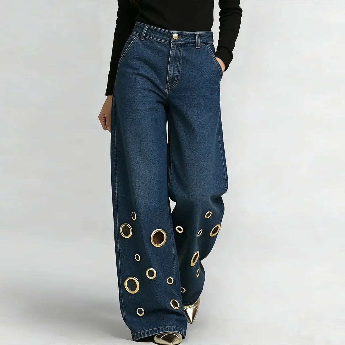 Street Women Fashion High Waist Loose Metal Eyelet Hollow Wide Leg Jeans