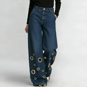Street Women Fashion High Waist Loose Metal Eyelet Hollow Wide Leg Jeans
