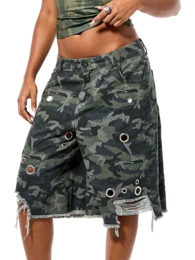 Fashion Women'S Metal Eyelet Hollow Hole Denim Shorts