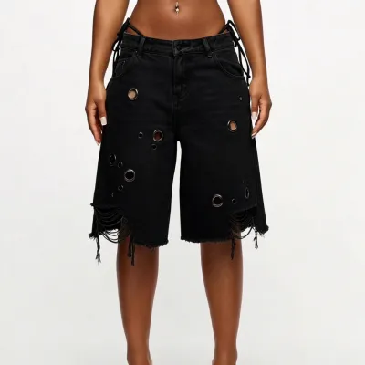 Fashion Women'S Metal Eyelet Hollow Hole Denim Shorts
