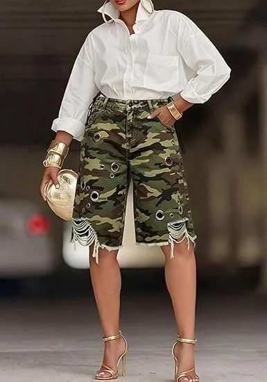 Fashion Women'S Metal Eyelet Hollow Hole Denim Shorts