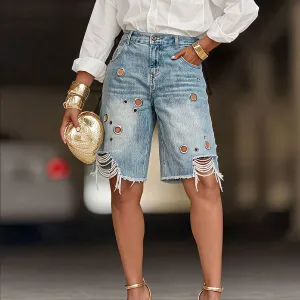 Fashion Women'S Metal Eyelet Hollow Hole Denim Shorts