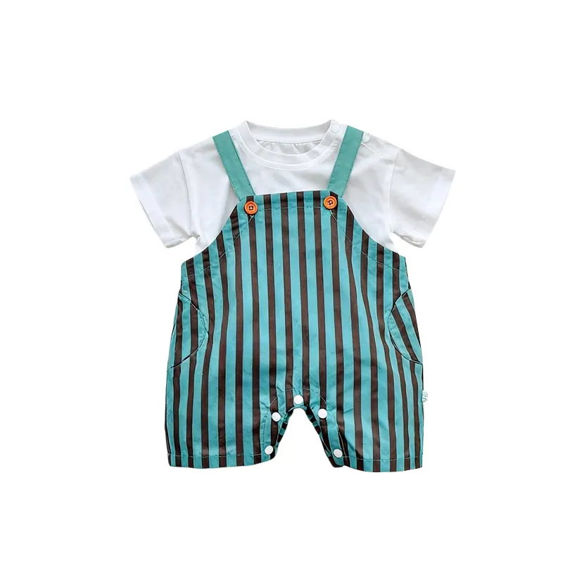 Kids Baby Boys Fashion Summer Casual Vertical Stripe Rompers Two-Piece Set Sleeveless Cotton Polyester