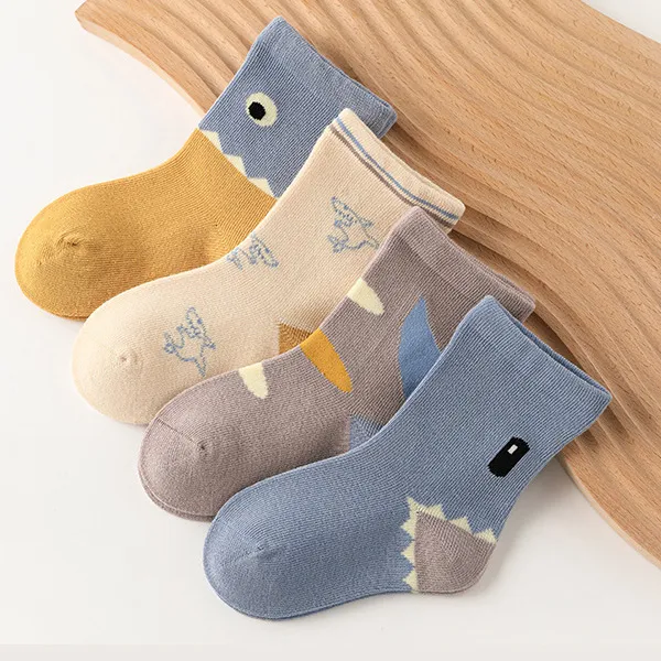 Kids Baby Boys Girls Cartoon Spring Autumn Mid-Calf Cotton Socks 4 Pair Set
