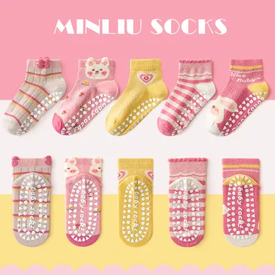 Kids Girls Cartoon Printed Thin Non-Slip Floor Socks 5pair/Set