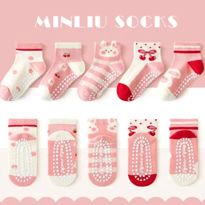 Kids Girls Cartoon Printed Thin Non-Slip Floor Socks 5pair/Set