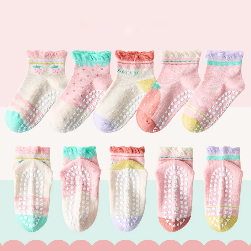 Kids Girls Cartoon Printed Thin Non-Slip Floor Socks 5pair/Set
