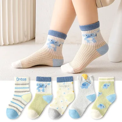 Kids Boys And Girls Casual Cartoon Spring Summer Thin Mesh Breathable Cotton Socks 5pair/Set
