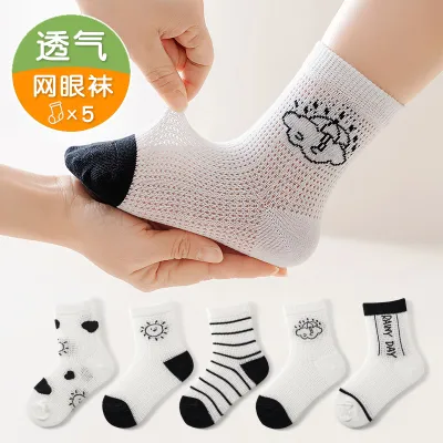 Kids Boys And Girls Casual Cartoon Spring Summer Thin Mesh Breathable Cotton Socks 5pair/Set