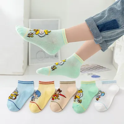 Kids Boys And Girls Casual Cartoon Spring Summer Thin Mesh Breathable Cotton Socks 5pair/Set