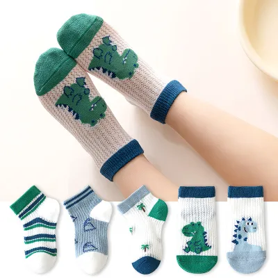 Kids Boys And Girls Casual Cartoon Spring Summer Thin Mesh Breathable Cotton Socks 5pair/Set
