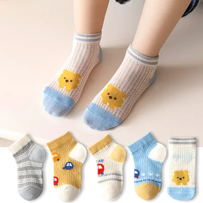 Kids Boys And Girls Casual Cartoon Spring Summer Thin Mesh Breathable Cotton Socks 5pair/Set