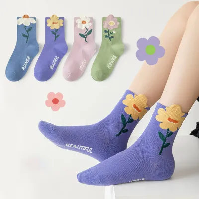 Kids Girls Fashion Autumn Winter Cute Cotton Blended Socks 4pair/Set Mid-Calf