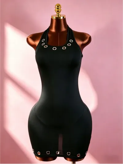 Women Sexy Halter Metal Eyelet Hollow Mini Dress
