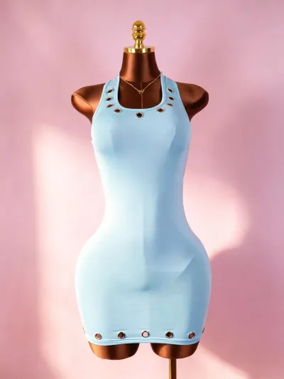 Women Sexy Halter Metal Eyelet Hollow Mini Dress