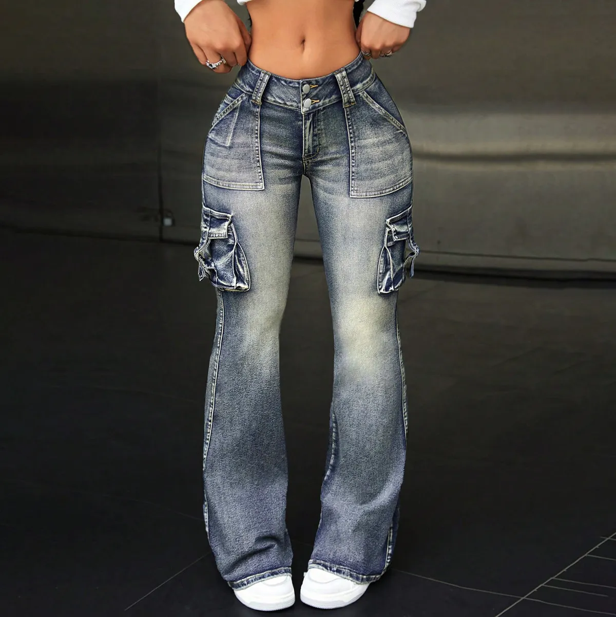 Women Fashion Retro Flared Cargo Jeans