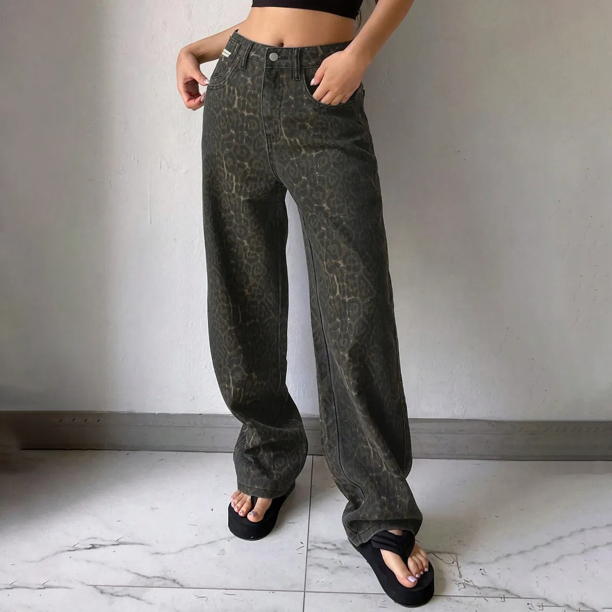 Women Fashion Retro Leopard Straight Jeans