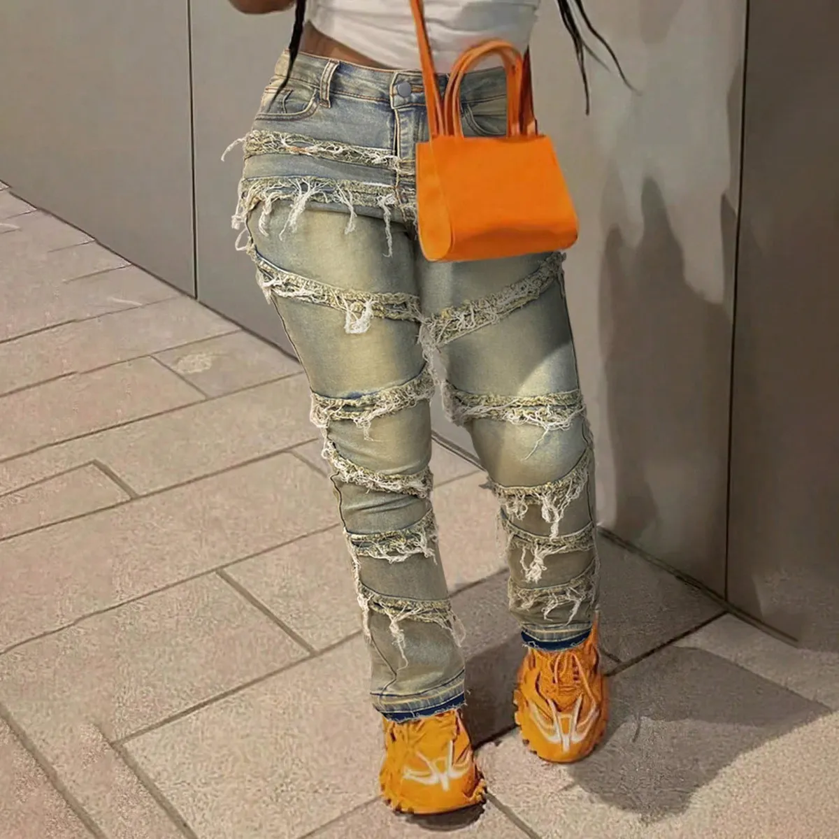 Women Fashion Casual Retro Laminated Style High Waist Fringed Straight Jeans