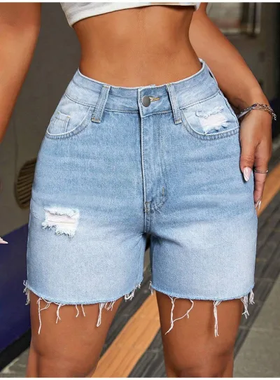 Women Fashion Casual Summer High Elastic High Waist Ripped Denim Shorts