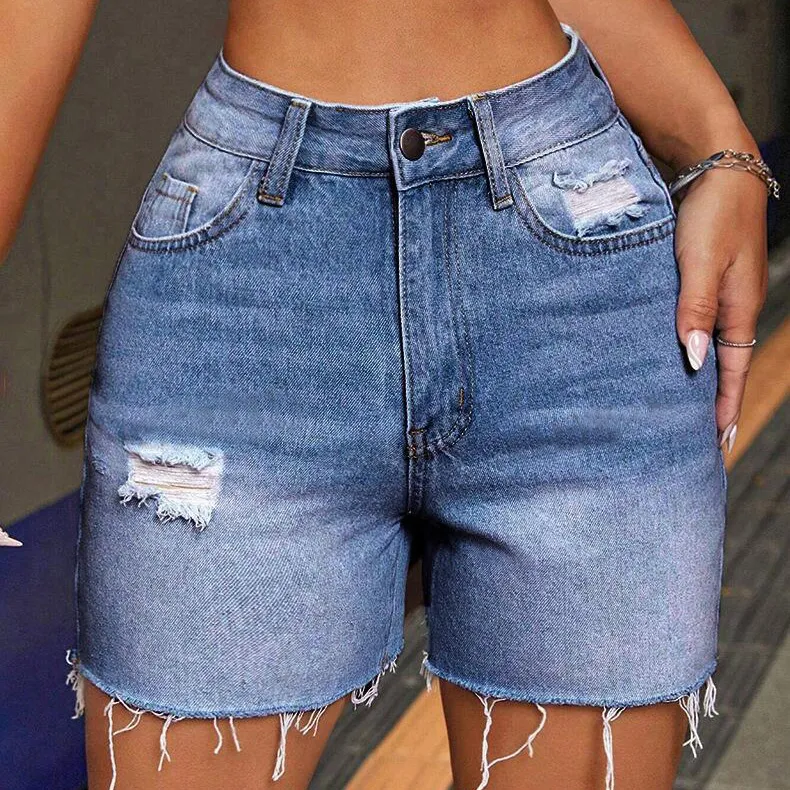 Women Fashion Casual Summer High Elastic High Waist Ripped Denim Shorts