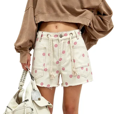 Women Fashion Casual Polka Dot Print Drawstring Decorative Denim Shorts