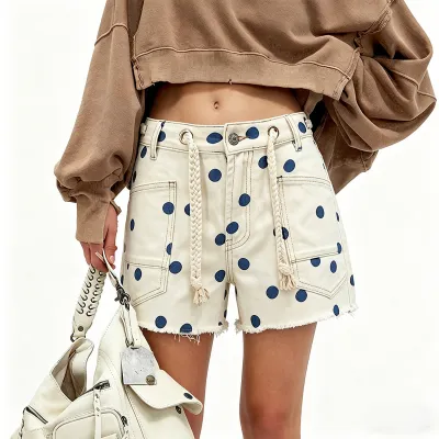 Women Fashion Casual Polka Dot Print Drawstring Decorative Denim Shorts