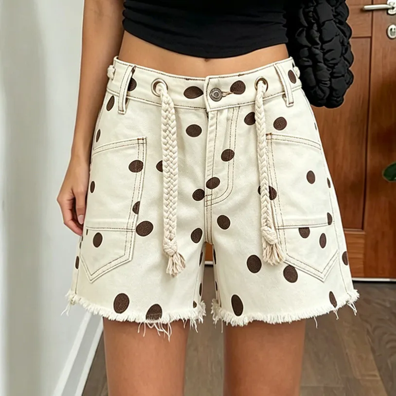 Women Fashion Casual Polka Dot Print Drawstring Decorative Denim Shorts