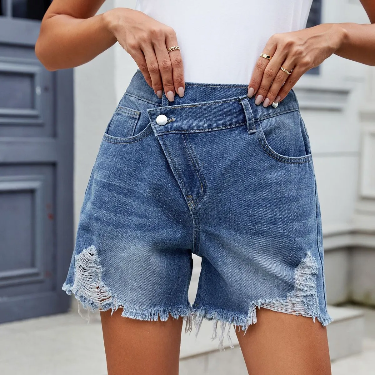 Women'S Fashion Casual Summer Washed Irregular Denim Shorts