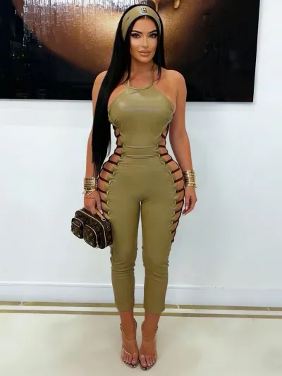 Women'S Sexy Backless Zipper Hollow Lace-Up Neck PU Jumpsuit