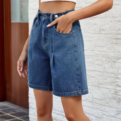Women Fashion Casual Solid Color Washed Waist Adjustable Denim Shorts