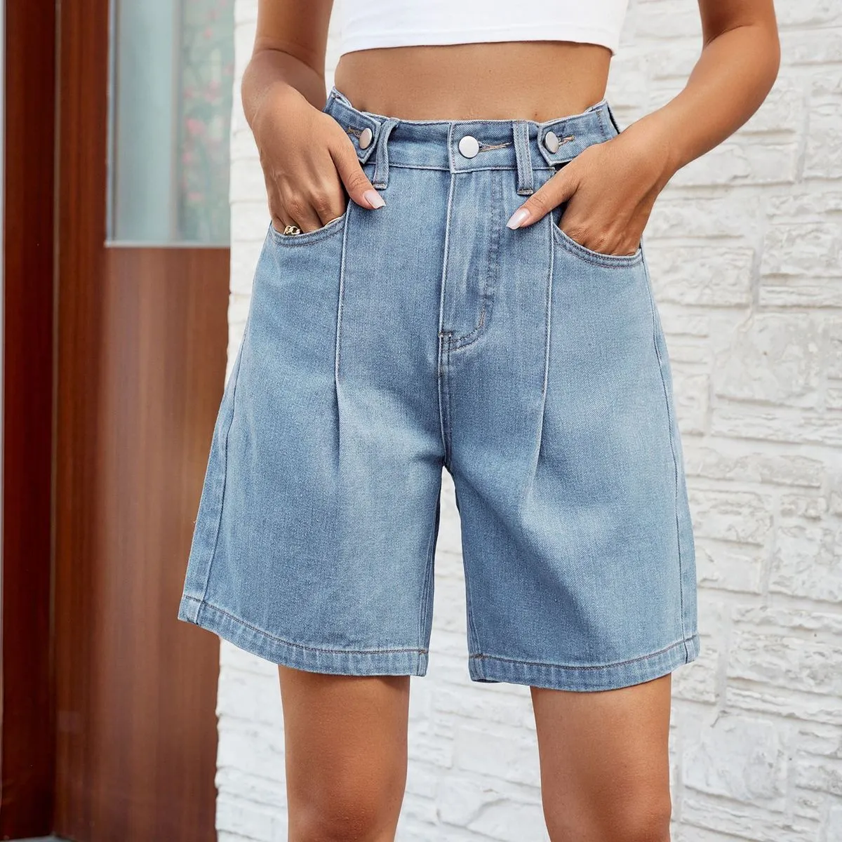 Women Fashion Casual Solid Color Washed Waist Adjustable Denim Shorts