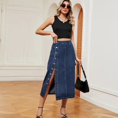 Women Fashion Sexy Side Single-Breasted Semi-Elastic Denim Skirt
