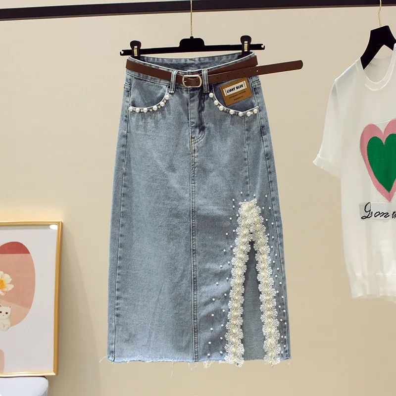 Women Fashion Sexy High Waist Split Lace Stitching Denim Skirt